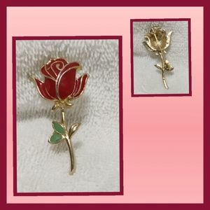 Vintage Rose Red & Green Enamel  Gold Tone Pin